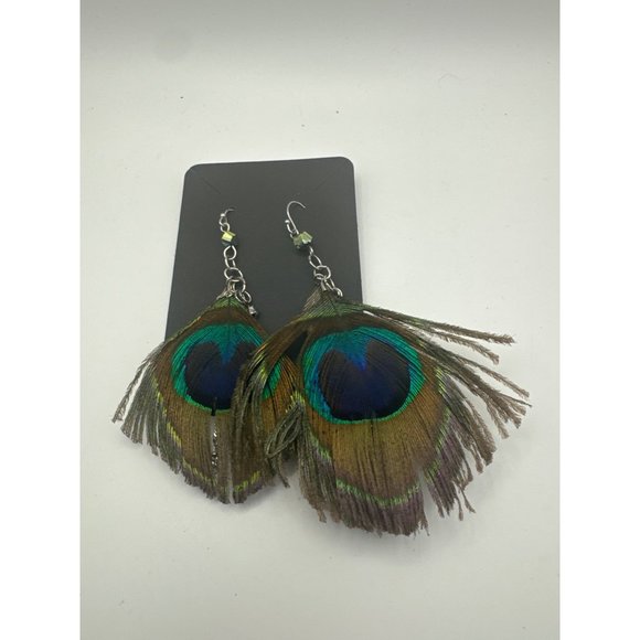 Boho Y2K Peacock Feather Long Dangle Earrings with Hook Ear Wires - Picture 3 of 4